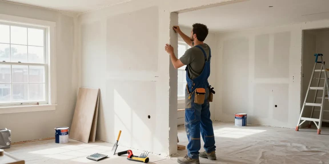 Drywall contractor toronto expertly applying compound in a renovated living room