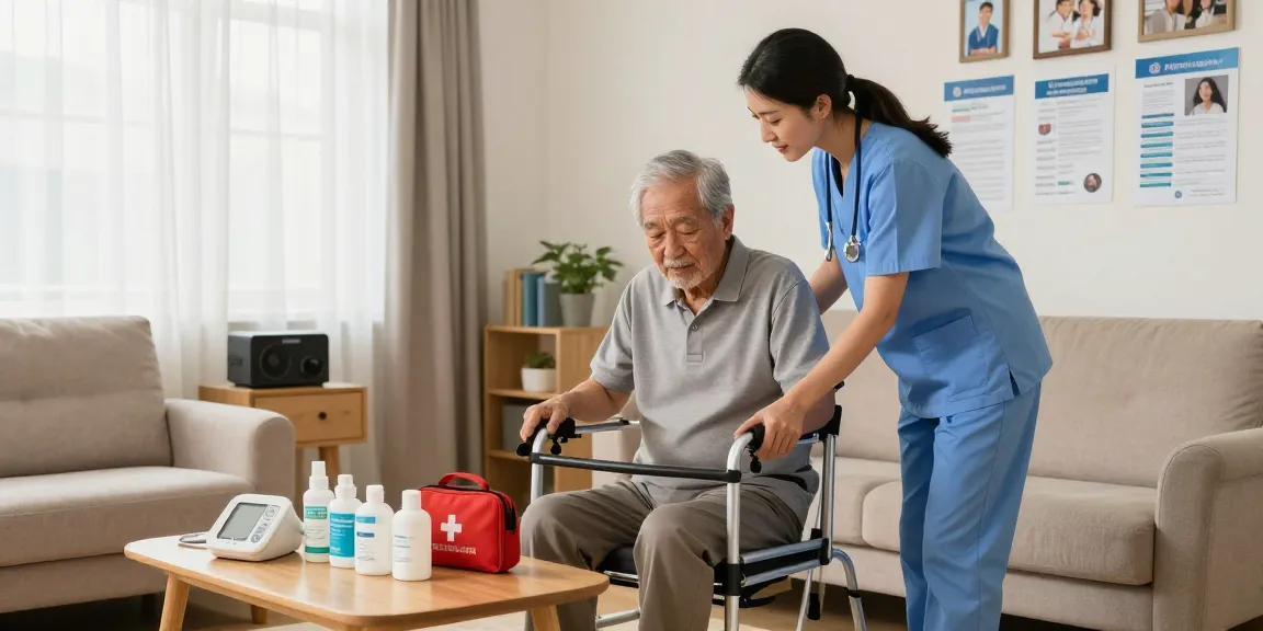 Caregiver demonstrating mobility aid at a home health store setting, showcasing supportive healthcare products for seniors.