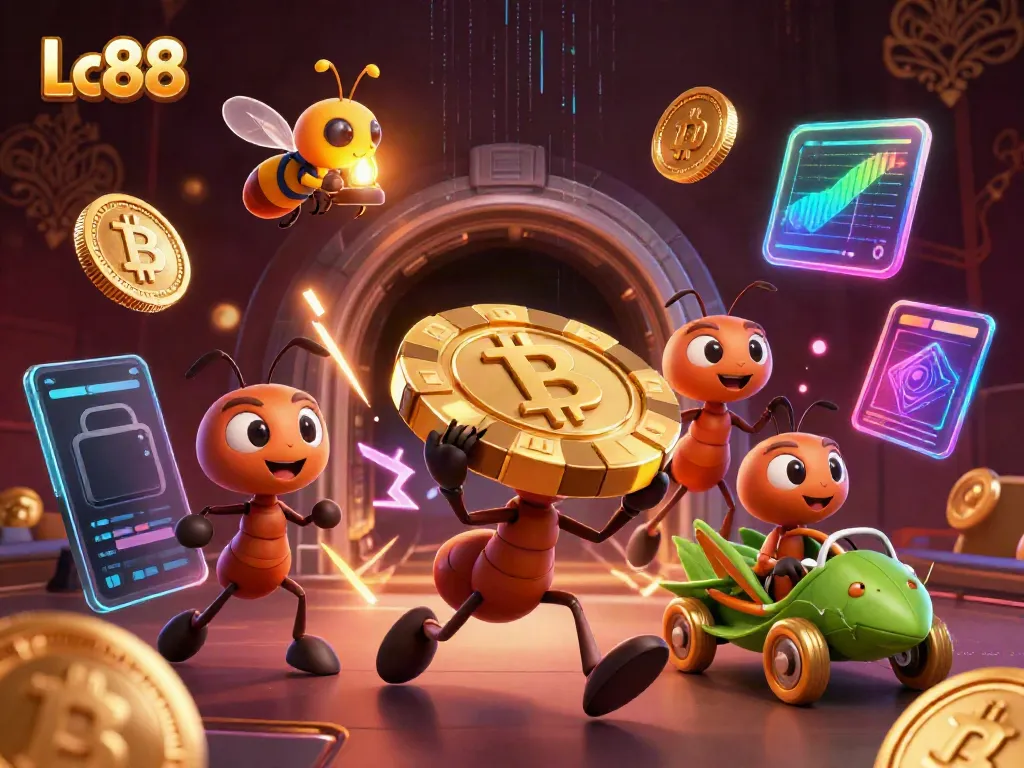 Engaging Lc88 scene with ants carrying a giant poker chip in a dynamic casino heist setting