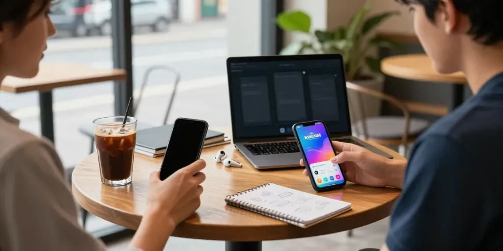 Engaging smartphone user exploring the ROKOK88 APK in a vibrant café setting.