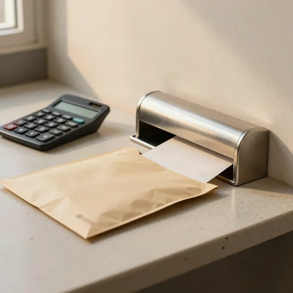Remittance pouch and calculator sliding into a secure mail tray on stone and steel.