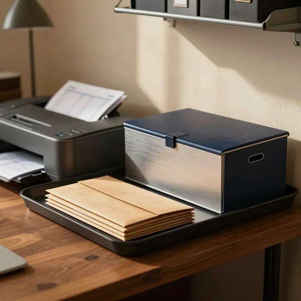 Pay envelopes and a printer tray in a warm office corner with afternoon light.