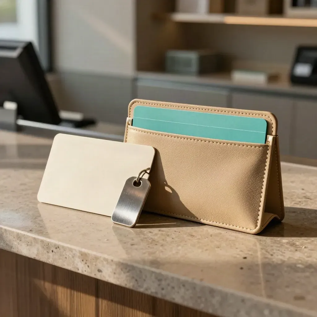 Payroll deposit kit arranged on a stone counter in a modern office, with soft daylight and teal accent.