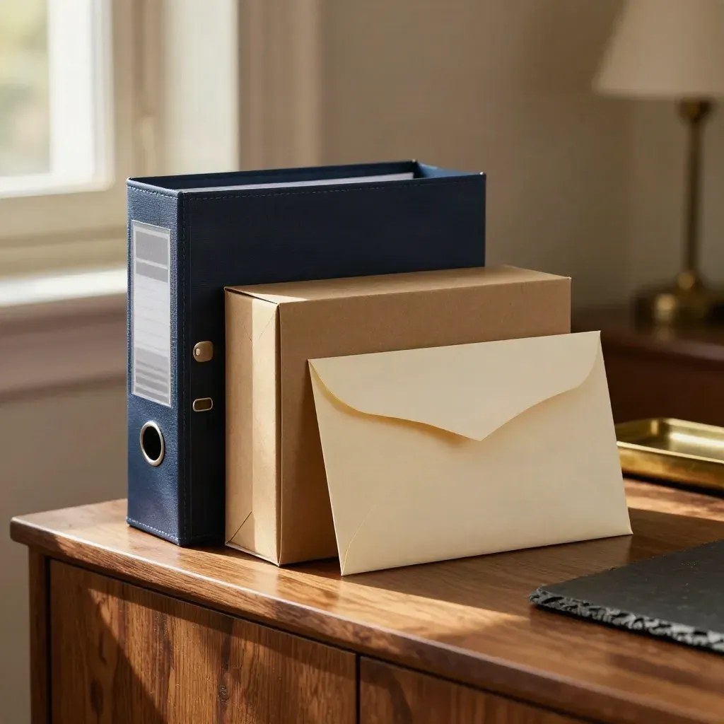 Navy file sleeve, tabbed box, and return envelope on a walnut credenza in warm afternoon light.