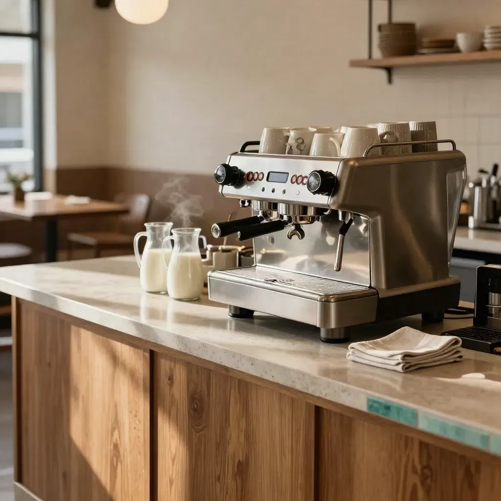 Empty café payroll-ready opening station with espresso machine, pitchers, and warm steam