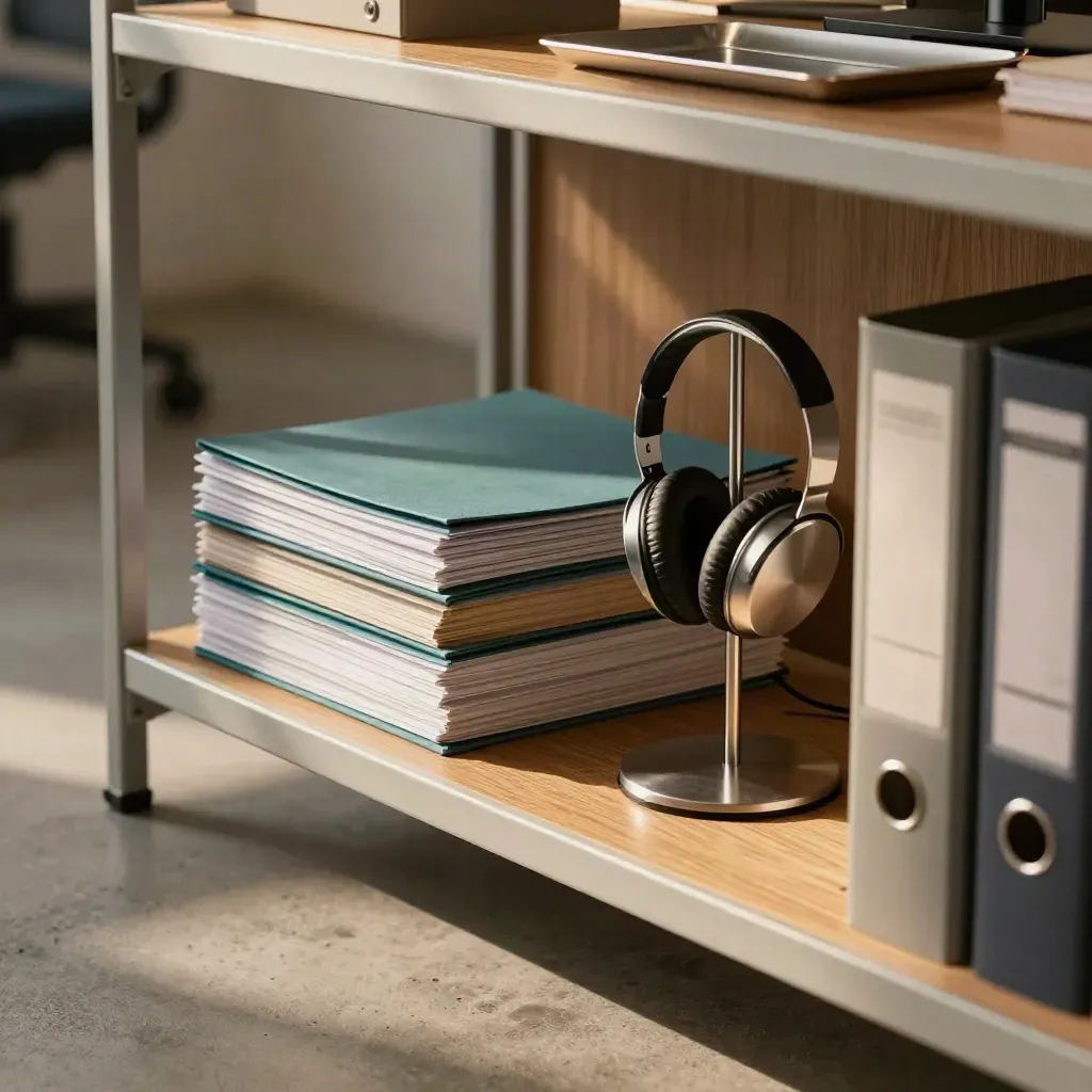 Diagonal office shelf with teal payroll folders, headphone stand, and tidy drawers