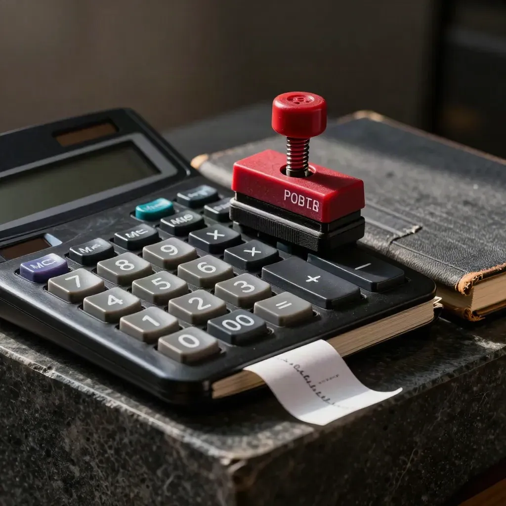 Calculator, red date stamp and ledger on dark stone in dramatic payroll still life