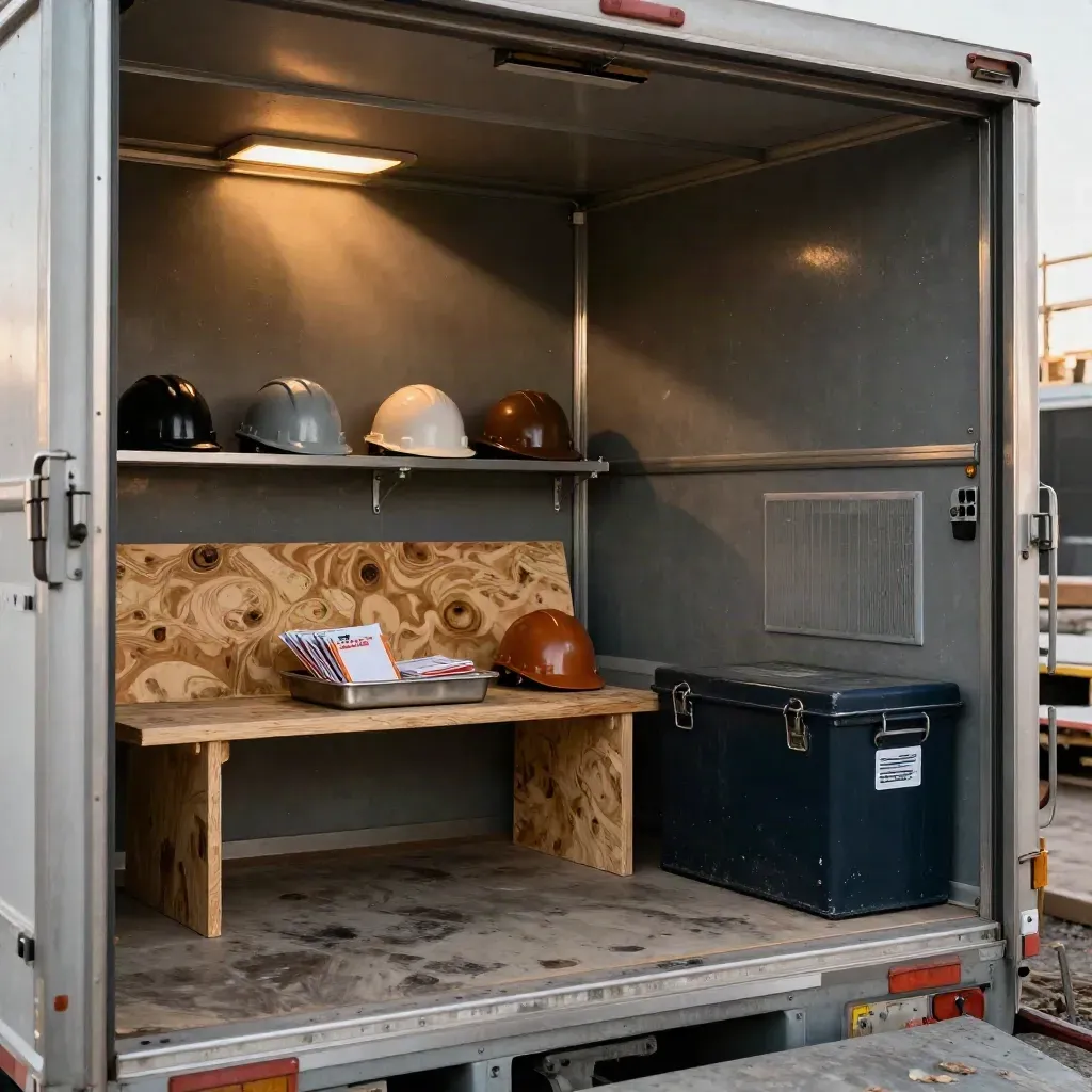 Empty construction trailer with pay envelopes, hard hats, and a boots-off bench in winter light.