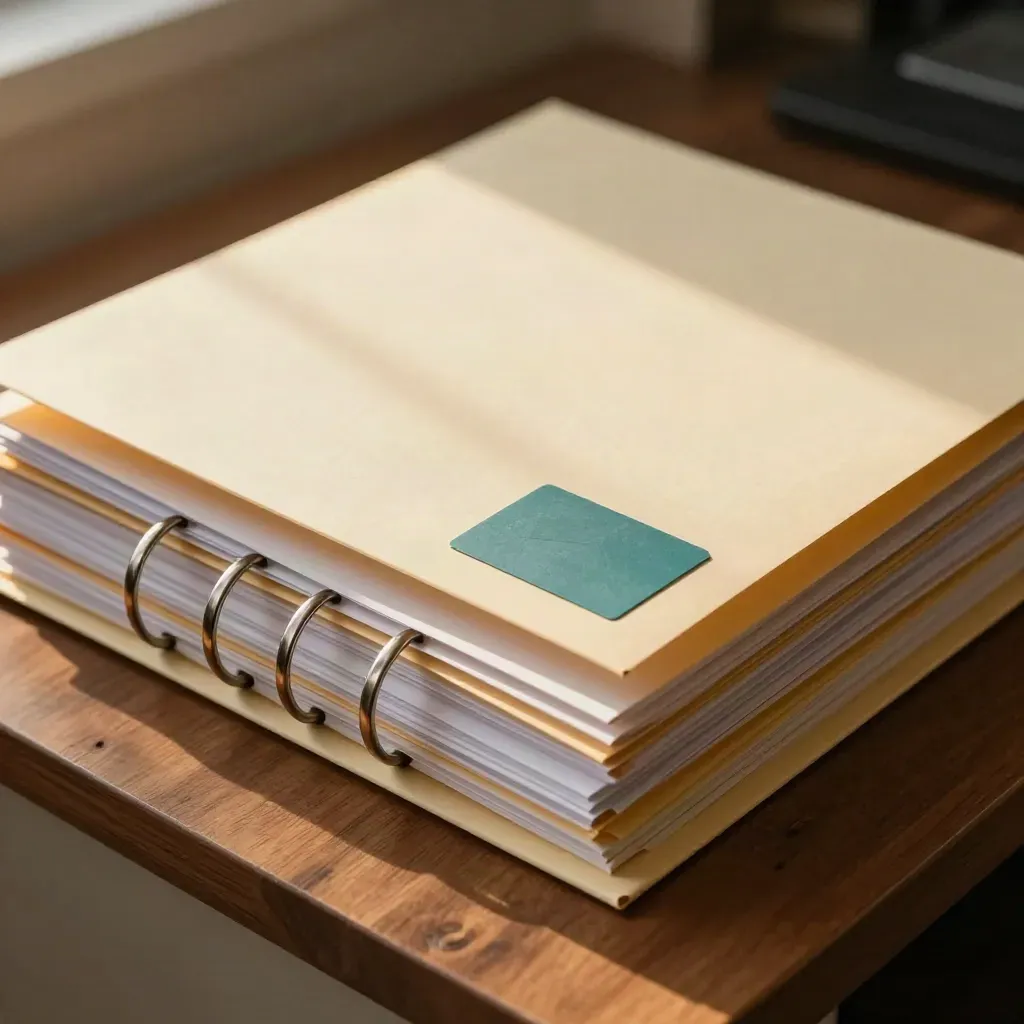 Top-down close-up of onboarding folders, metal rings, and a sealed bank envelope on a walnut surface.