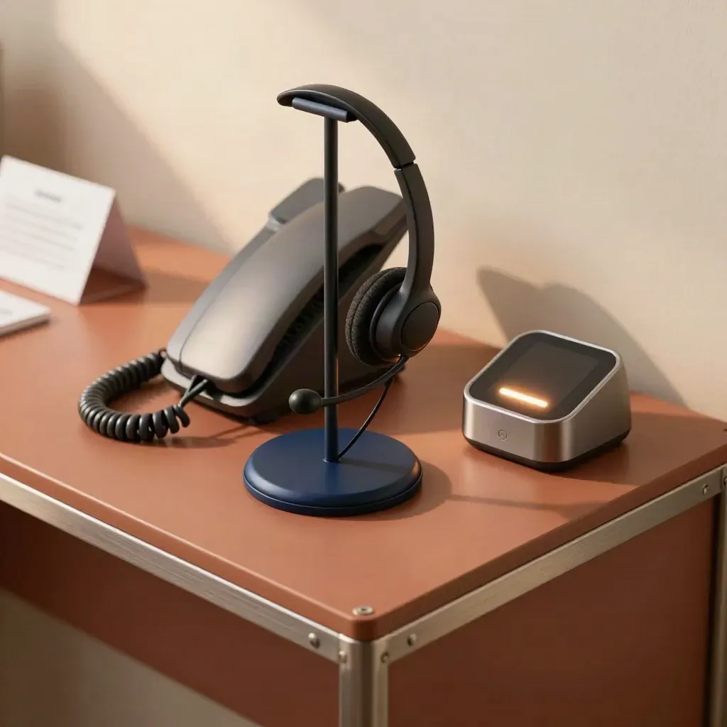 Top-down still life of a headset stand, desk phone base, and message-light dock on a clay shelf.