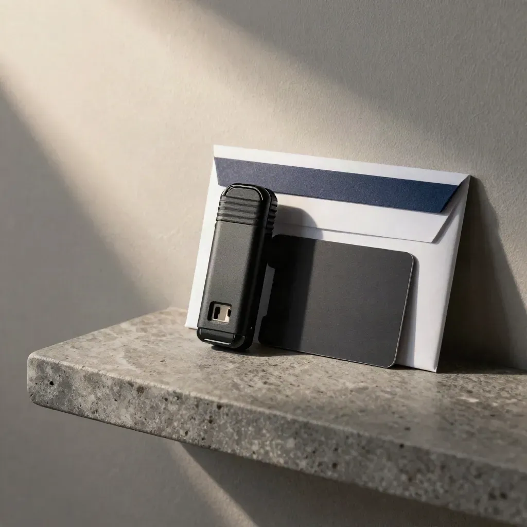 Encrypted USB, keycard, and sealed courier envelope on a stone shelf