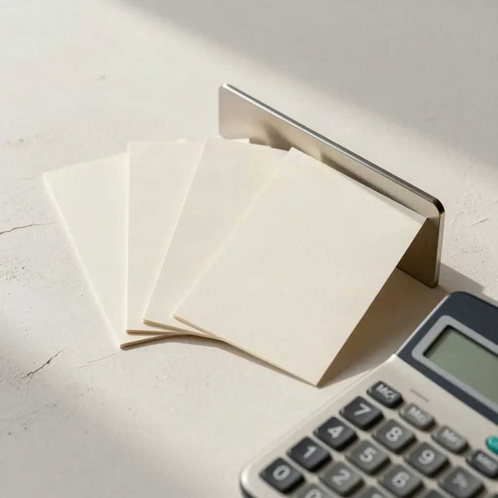Blank cards, divider, and calculator arranged for payroll rules on a pale plaster sweep.