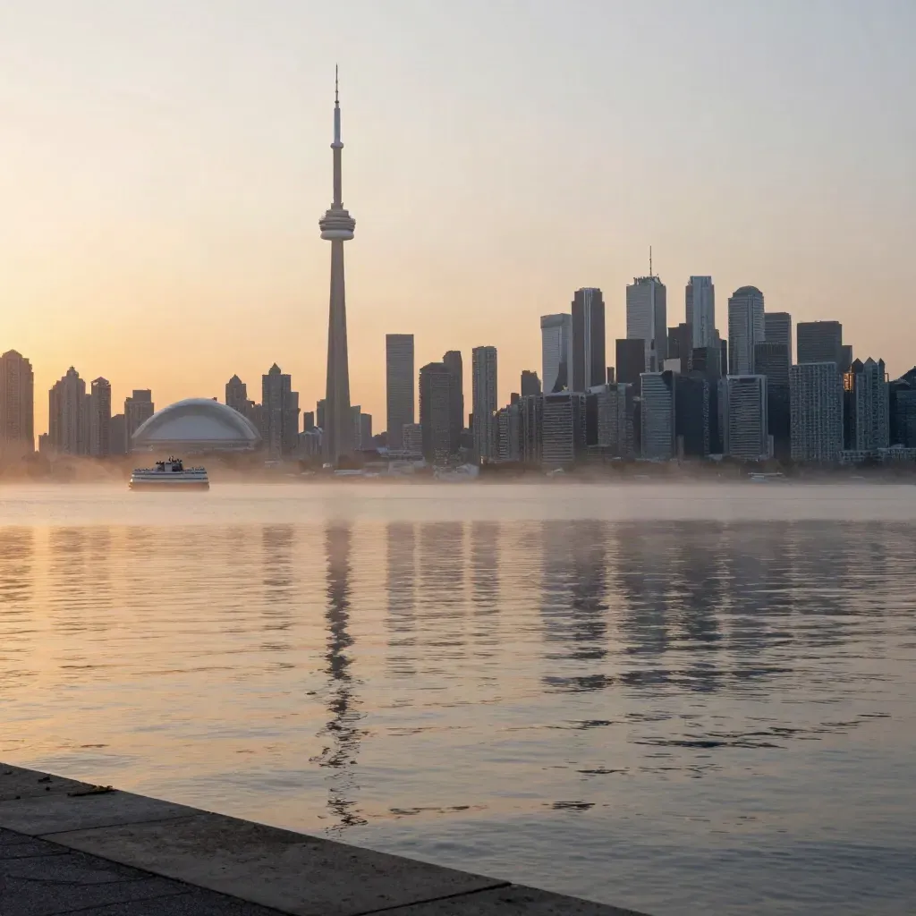 Toronto harbour skyline at dawn over calm foggy water and ferry slips