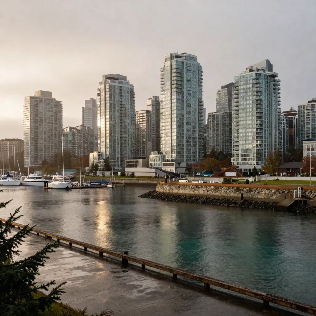 Vancouver towers glow after rain beyond a cedar marina and seawall under coastal haze.