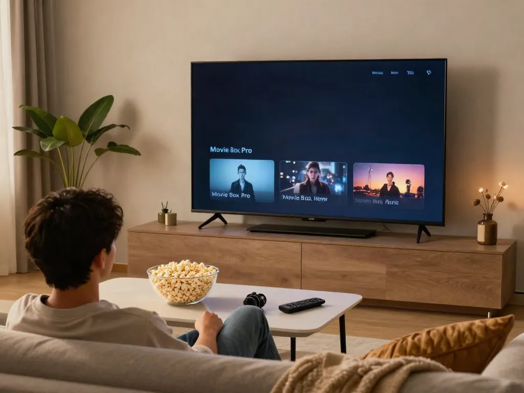 Enjoying the Movie Box Pro app in a cozy living room setting with popcorn and a large TV.