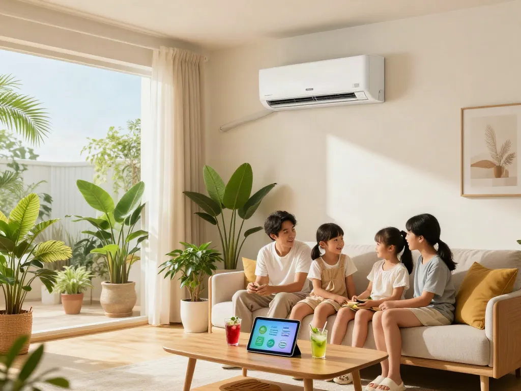 Family enjoying their time in a stylish living room with a mini split air conditioner keeping the space cool.