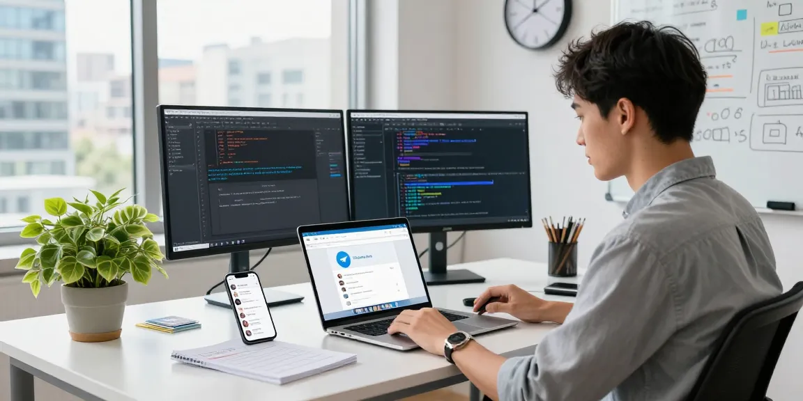 Engaged professional using Telegram Web Version at a modern workspace.