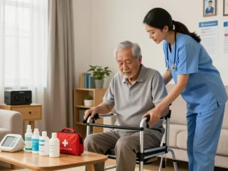 Caregiver demonstrating mobility aid at a home health store setting, showcasing supportive healthcare products for seniors.
