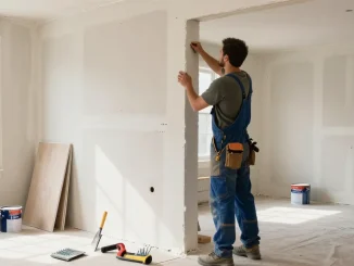 Drywall contractor toronto expertly applying compound in a renovated living room