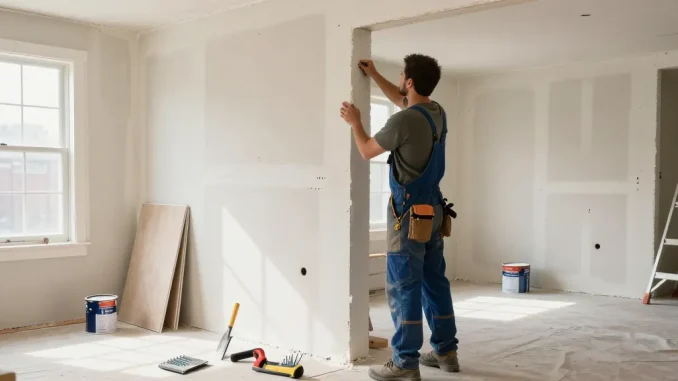 Drywall contractor toronto expertly applying compound in a renovated living room